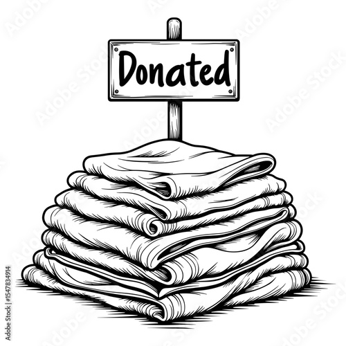 Pile of secondhand clothes with donation sign, sustainable fashion reuse