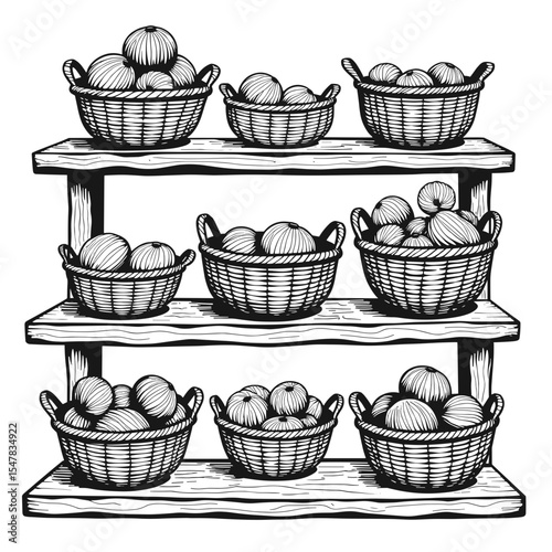 Baskets of yarn on shelves, black and white fiber storage illustration for crafts