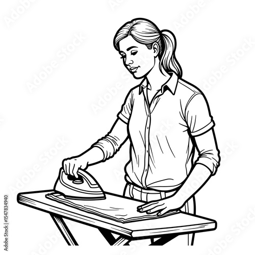 Person ironing linen shirt on wooden board, eco-friendly clothing care illustration