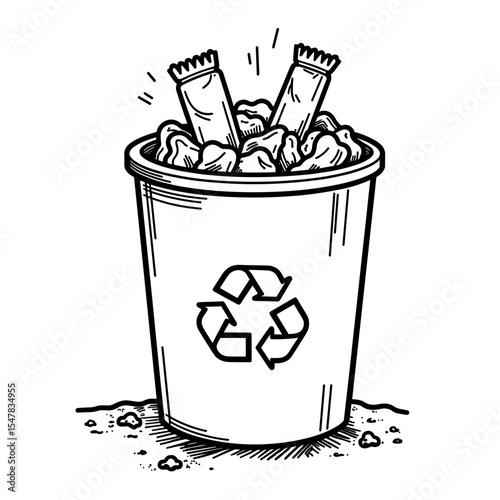 Recyclable wrappers in trash bin illustration, eco-friendly waste management