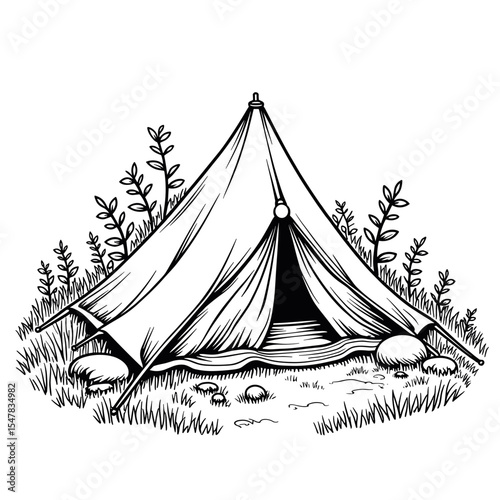 Tent drawing in meadow with plants, eco-friendly camping illustration