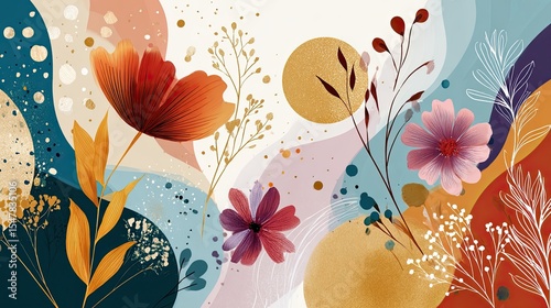 Boho Style Colorful Lin. Abstract contemporary aesthetic background with geometric balance shapes. Vintage Boho Mandala Background Texture. Leaves and flowers.