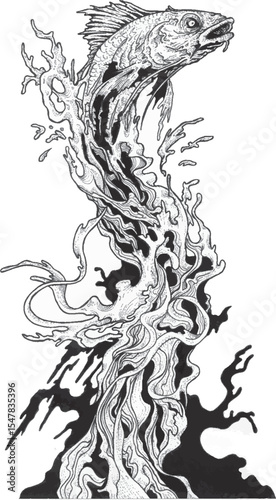 Grayscale vector illustration of a fish gliding flying into the air from the surface of the sea, suitable for water or sea world illustrations, posters or t-shirt decorations.