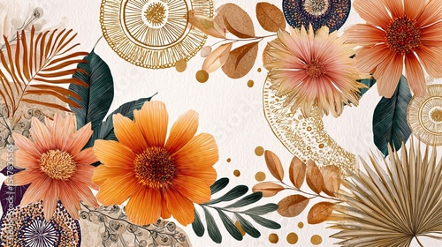 Boho Style Colorful Lin. Abstract contemporary aesthetic background with geometric balance shapes. Vintage Boho Mandala Background Texture. Leaves and flowers.