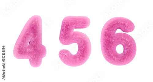 3D cute numbers 4, 5, 6 Set of fluffy fuzzy pink numbers for birthdays, bonuses, New Year, and promotions. Vector illustration in rose tones.