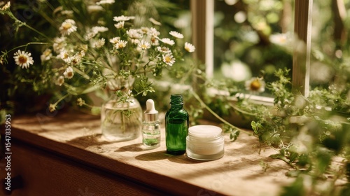 Chamomile flowers and skincare products sit by a sunlit window