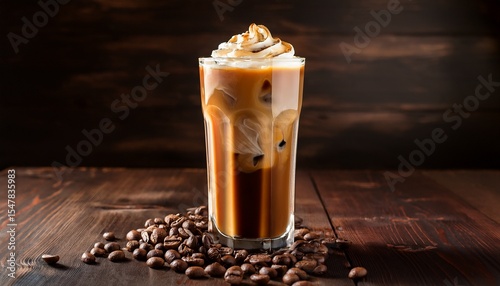 refreshing iced coffee in a tall glass with cream and coffee beans on a dark wooden backdrop