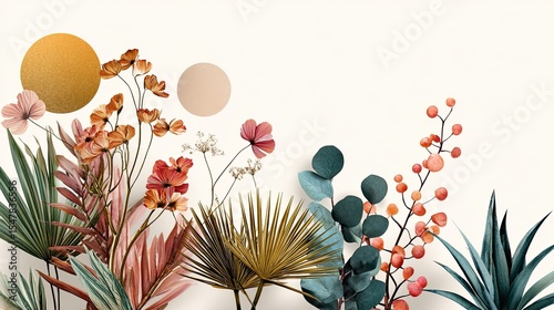 Boho Style Colorful Lin. Abstract contemporary aesthetic background with geometric balance shapes. Vintage Boho Mandala Background Texture. Leaves and flowers.