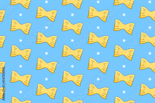Farfalle pasta with star colorful doodle pattern on blue background. Italian farfalle pasta seamless pattern background. Farfalle isolated wallpaper. Food, restaurant, gourmet. Vector illustration