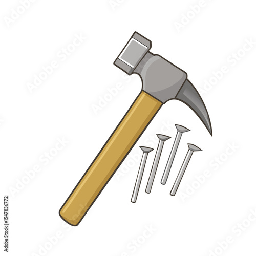 A cartoon vector illustration of a hammer and nails ready for construction work