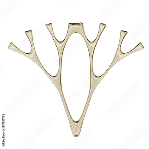 Intricate 3D artwork featuring a polished gold metallic object with a symmetrical, branching design and smooth, reflective surfaces. Suitable for representing networks, abstract beauty, or luxurious 