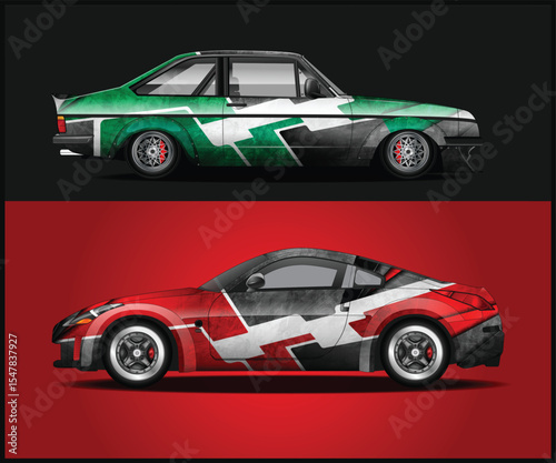 Two cars with custom paint jobs one green and one red on contrasting backgrounds