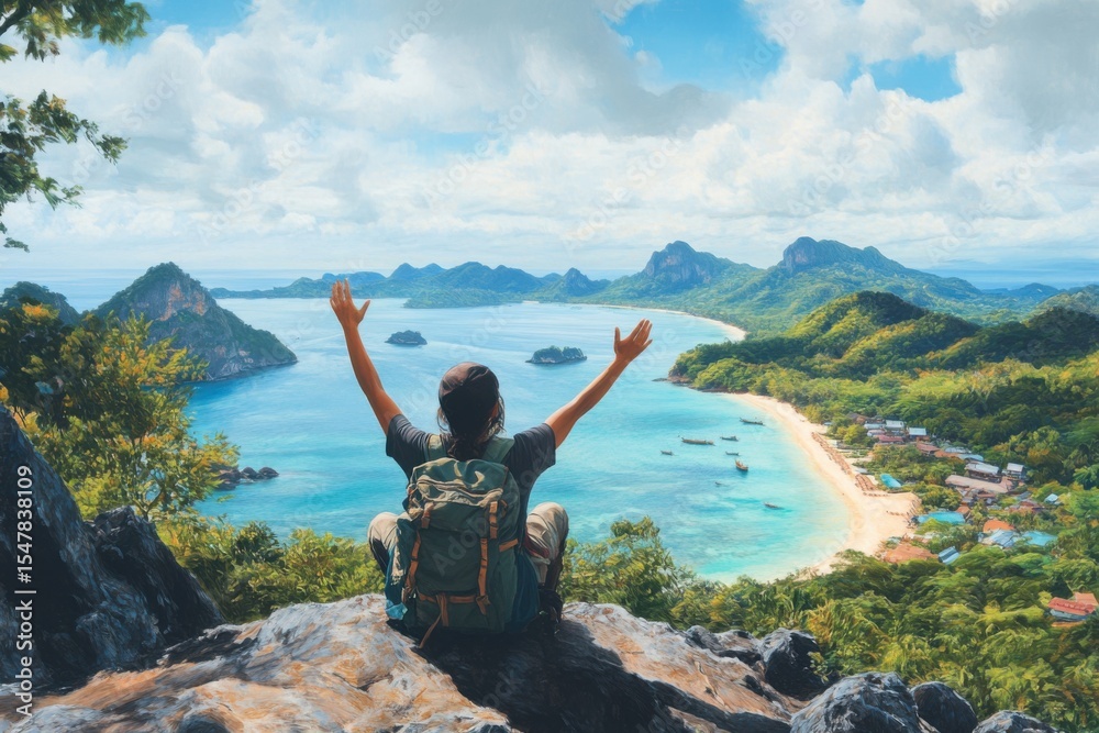 Obraz premium Person with Backpack Enjoys Ocean View From Mountain Peak