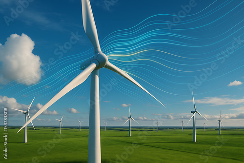 Wind Turbines on Green Hills with Airflow Holograph – Renewable Energy Generation in Eco-Friendly Landscape Under Blue Sky

