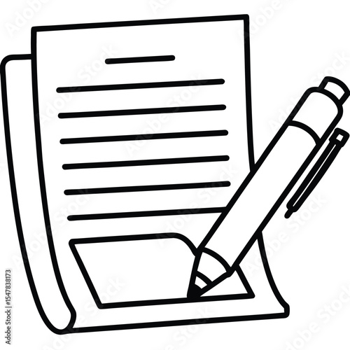 Black and white lineart icon of contract document  vector illustration in black and white line art style