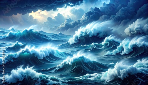 Stormy sea, dramatic waves crashing under a dramatic sky