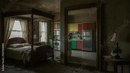 Eerie Abandoned Estate: Exploring a Forgotten Bedroom & Kitchen in Disrepair, a Dark Tourism Adventure