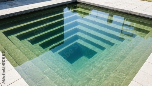 Clear, rectangular swimming pool with tiled steps and surrounding patio