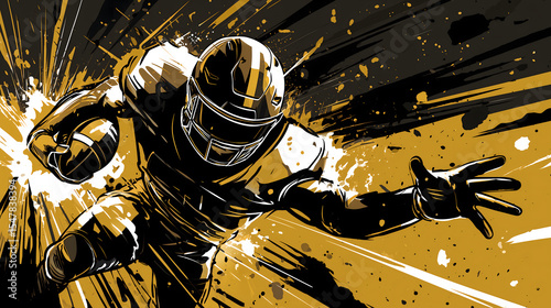 Intense American football player splash illustration with dynamic motion, bold black and gold colors, stylized comic art, dramatic lighting and energy
