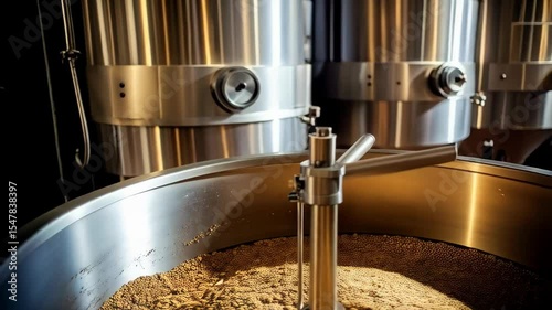 Shiny stainless steel mash tun and equipment in brewery for producing spirits or beer, malted grains in vessel