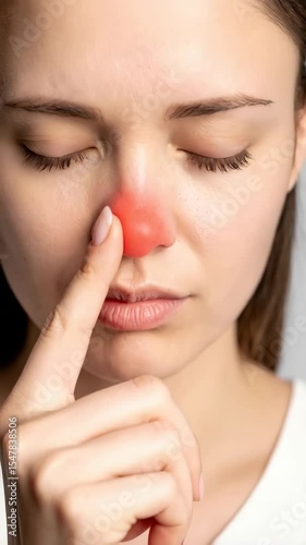 Woman presses finger on red irritated nose, eyes closed, suffering with allergies or inflammation on light background close up