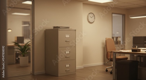 Empty office space: Filing cabinet, desk, and clock under warm lighting.