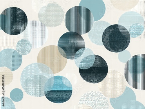 Abstract Geometric Pattern with Textured Circles in Blue Beige and Cream