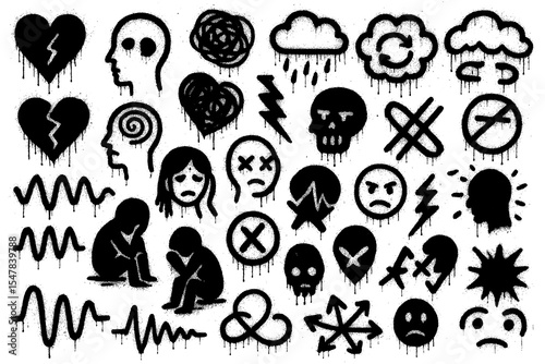 Mental Health Symbols – Graffiti Spray Paint Icons with Dripping Ink