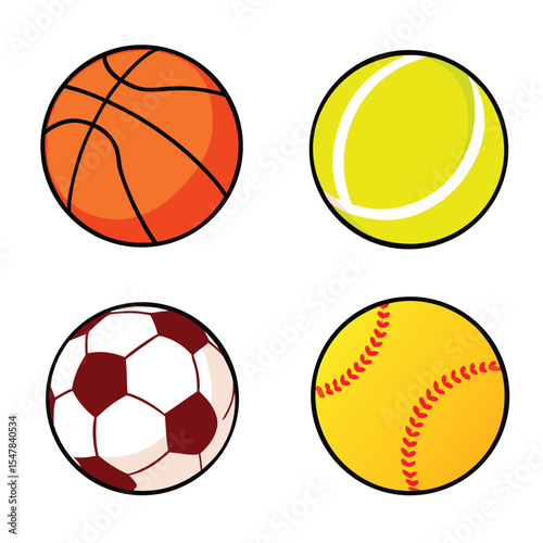 Colorful cartoon illustrations of different popular sport balls for education or designs