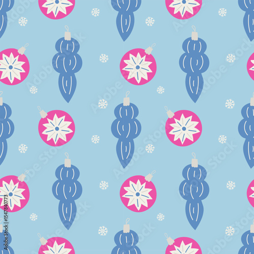 New Year tree decorations, balls and icicles for Christmas holiday decoration. Simple New Year winter pattern.