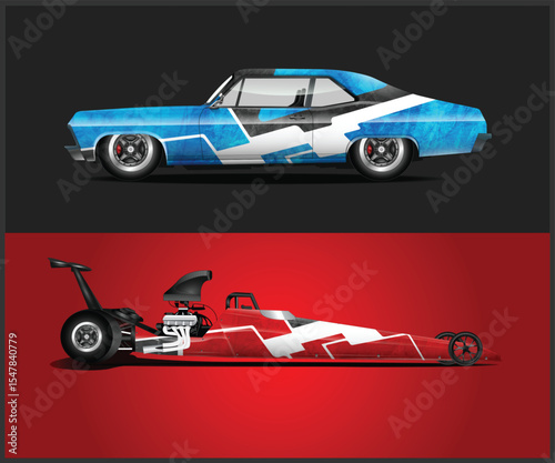 Classic and Modern Racing Cars A Blue Muscle Car and Red Dragster