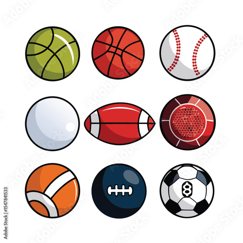 Diverse collection of colorful sports balls depicted with a clean vector iilustration style