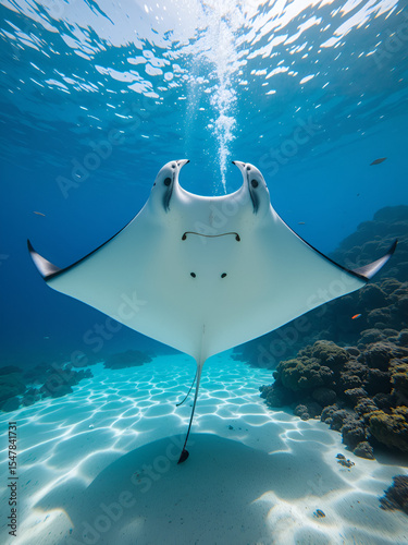 Closeup shot of a Manta Ray fish hanging out underwater in Nusa Penida, Bali