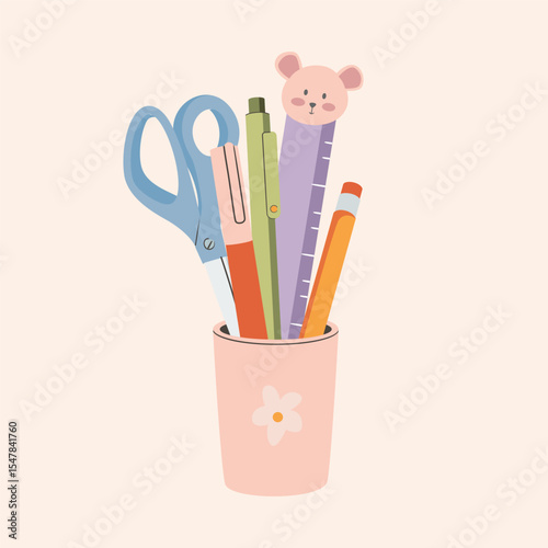 Stationery supplies Back To school Concept accessories items. Stationary tools composition. Flat vector illustration.