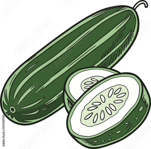 Illustrated Fresh Cucumber with Slices in Detailed Artistic Style on White Background