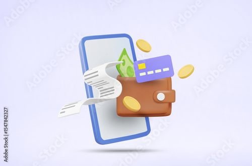 3D Vector Illustration Render of Digital Wallet Floating Out of Mobile Phone with Banknotes, Coins and Receipts, Conveying the Concept of Online Payment and Digital Transactions.