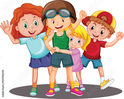 Happy children playing together with a ball in a fun cartoon illustration