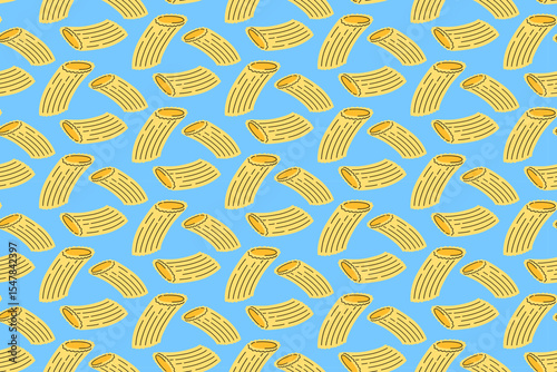 Italian penne pasta colorful doodle pattern on blue background. Penne pasta seamless pattern background. Penne isolated motif wallpaper. Food, restaurant, gourmet, cuisine. Vector illustration