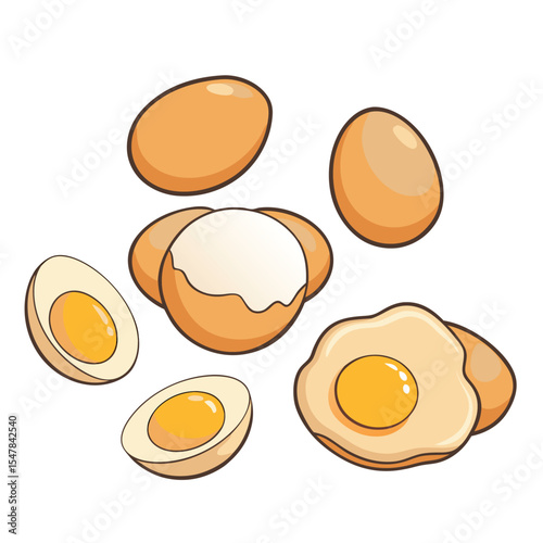 Delicious cartoon vector illustration depicting various cooked egg preparations and whole eggs on white background.