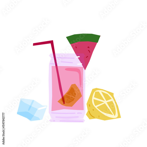 Summer Fruit Drink Illustration — Pink summer drink with orange slice, lemon, ice and watermelon. Flat illustration with vibrant colors, isolated on white background.