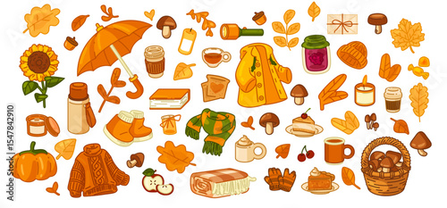 Cozy Autumn Elements Vector Collection — Large cartoon-style set of cozy autumn objects including clothes, drinks, food, leaves, mushrooms, and seasonal decor. Flat illustrations in warm colors. 