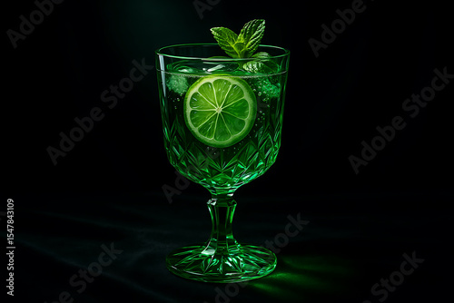 Green cocktail glass with lime slice and fresh mint leaf on dark background, refreshing and elegant drink presentation