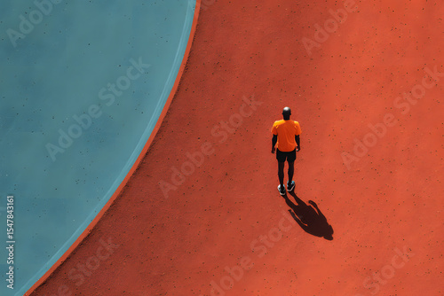 A solitary player in bright clothing prepares on a colorful tennis court under clear skies during daytime