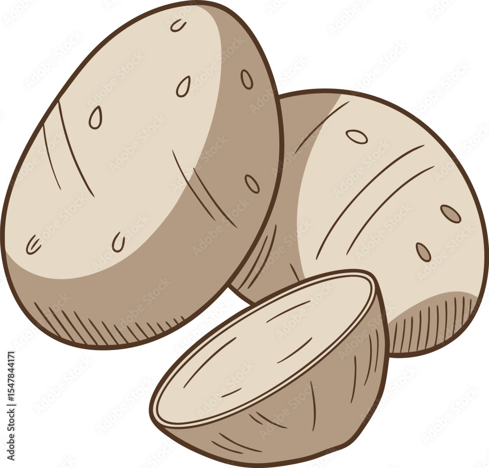 Obraz premium Illustration of Whole and Cut Potatoes Isolated on White Background Perfect for Culinary and Agricultural Concepts