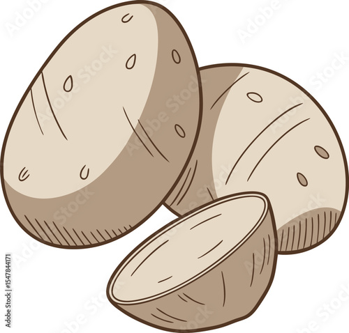 Illustration of Whole and Cut Potatoes Isolated on White Background Perfect for Culinary and Agricultural Concepts