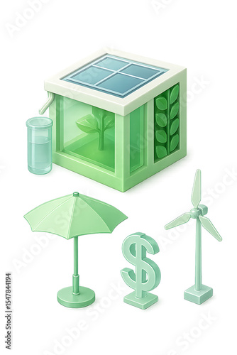 Greenhouse with solar panel and water container, wind turbine, umbrella, and dollar sign symbolizing eco friendly energy