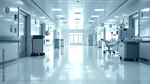 Long empty hospital corridor with doors and surgical equipment in modern medical facility