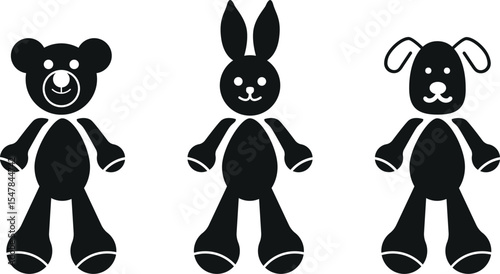Plush animals toy flat icon. Vector Teddy bear, rabbit and dog plush toy. Minimal element design for logo sign vector illustration. Child and toy, Animal sign, Vector graphics.