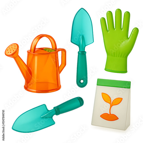 Gardening tools set with watering can, gloves, trowels, and seed packet for planting and outdoor care