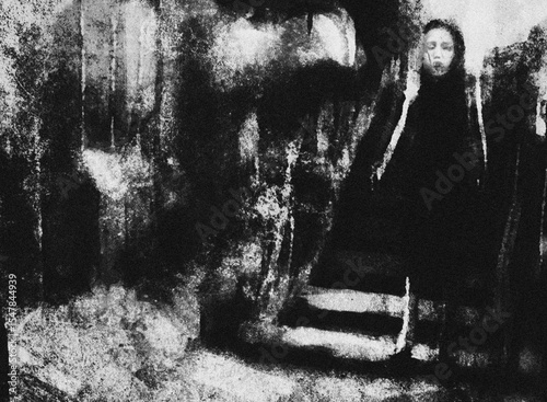 Scary horror room, Spooky wallpaper with woman, Halloween background